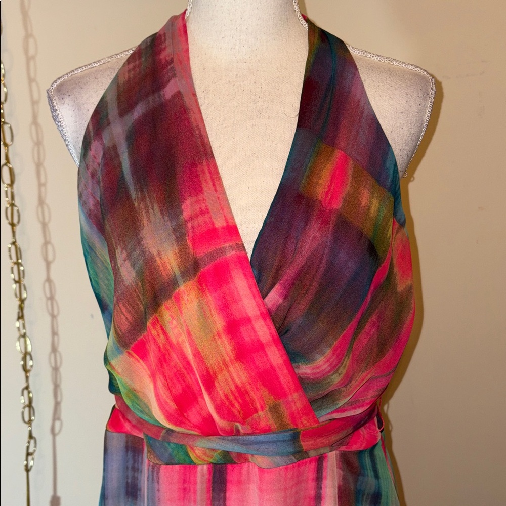 Leslie Fay Tie Dye Multicolor Halter Neck Sleeveless Maxi Dress - Picture 3 of 7